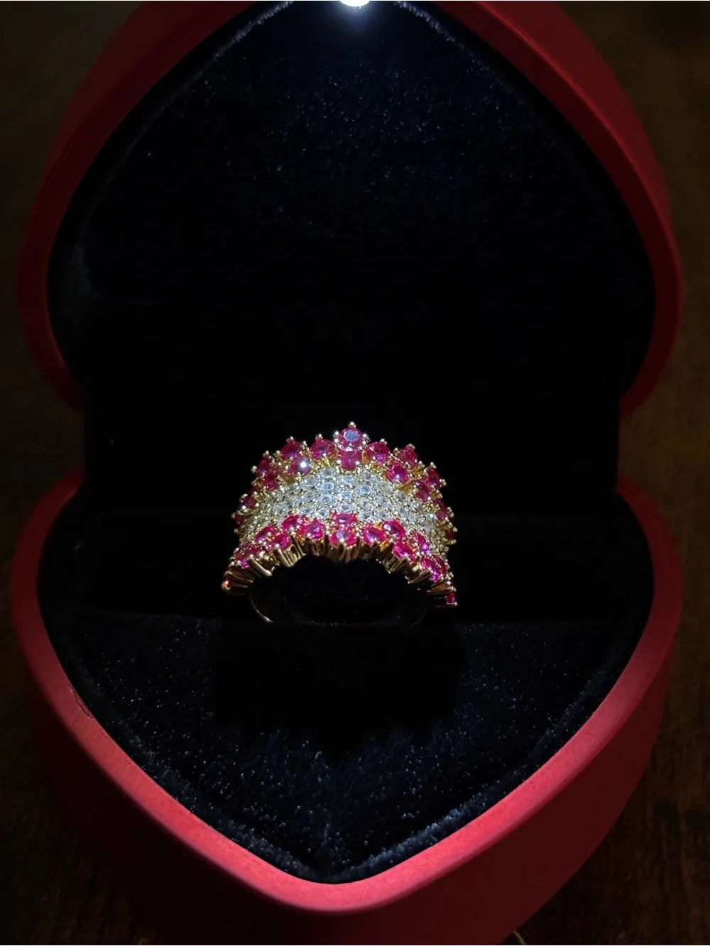 Gold Cocktail Ring with Pink Stones and Clear Accents